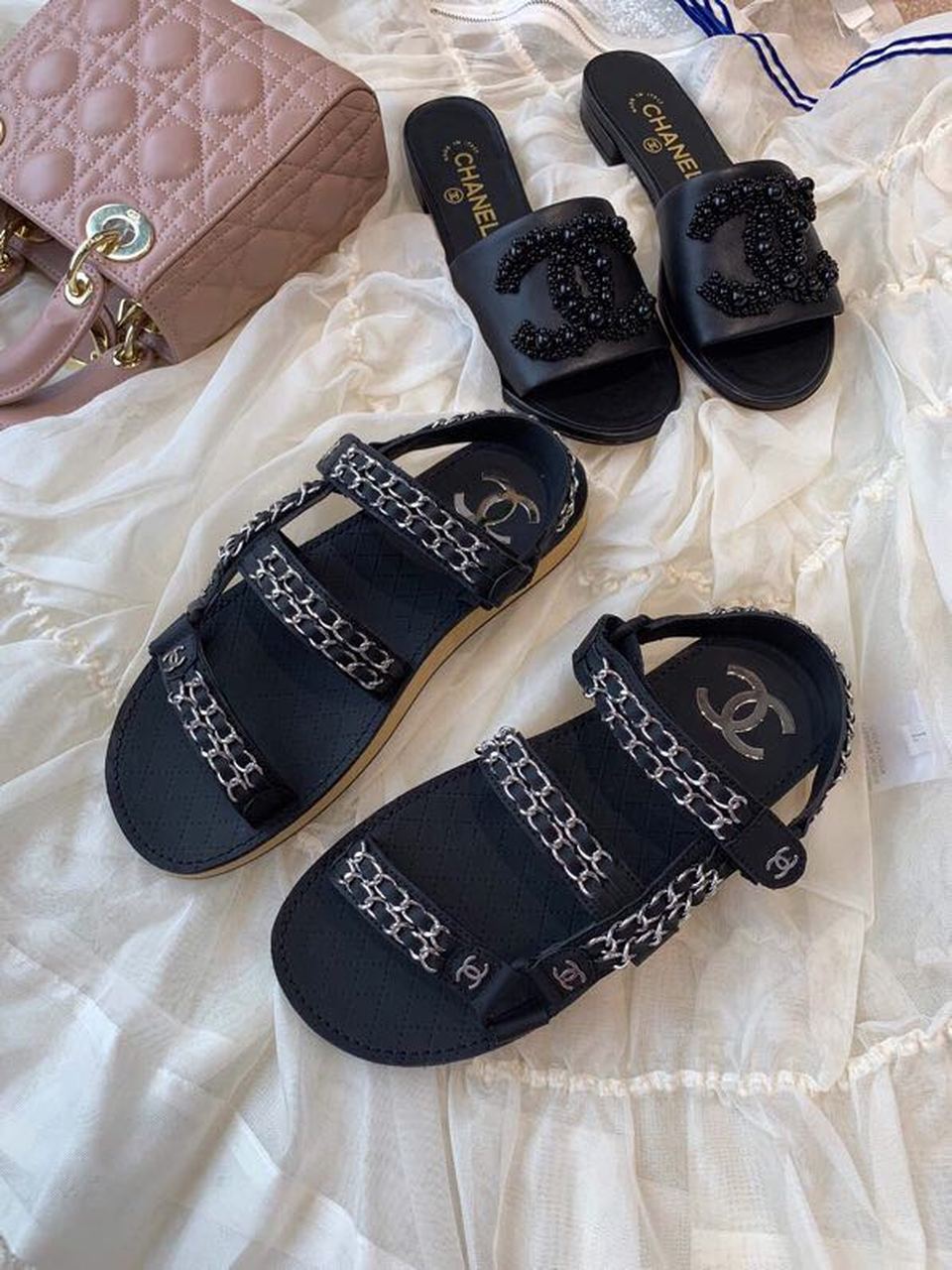 Chanel Chain Embroidered Sandals Lambskin Leather Spring/Summer Collection Black