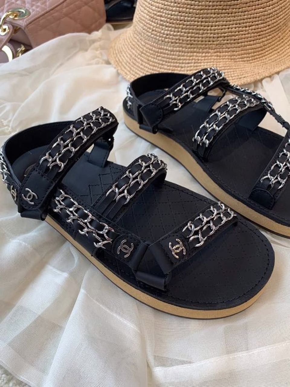 Chanel Chain Embroidered Sandals Lambskin Leather Spring/Summer Collection Black