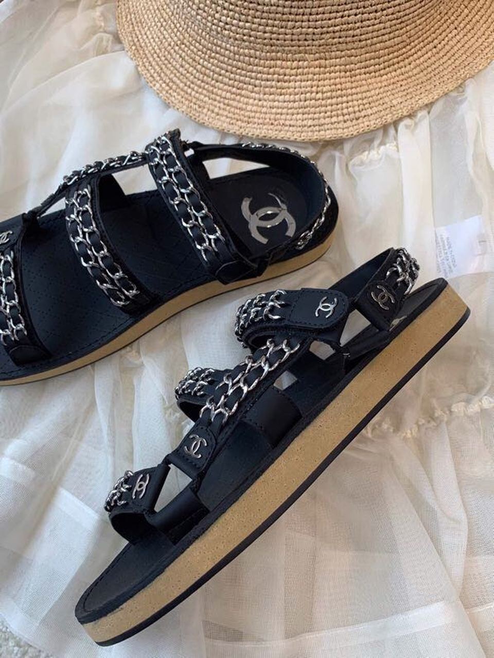 Chanel Chain Embroidered Sandals Lambskin Leather Spring/Summer Collection Black