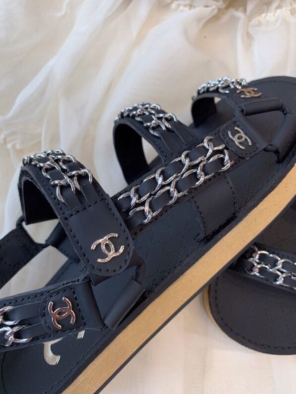Chanel Chain Embroidered Sandals Lambskin Leather Spring/Summer Collection Black