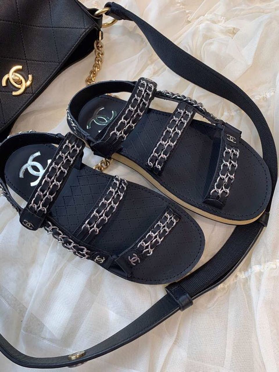 Chanel Chain Embroidered Sandals Lambskin Leather Spring/Summer Collection Black