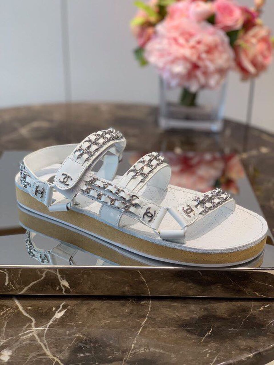 Chanel Chain Embroidered Sandals Lambskin Leather Spring/Summer Collection White