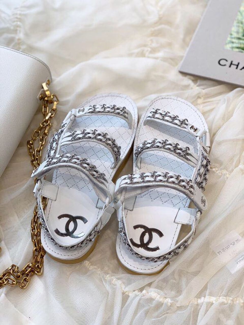 Chanel Chain Embroidered Sandals Lambskin Leather Spring/Summer Collection White