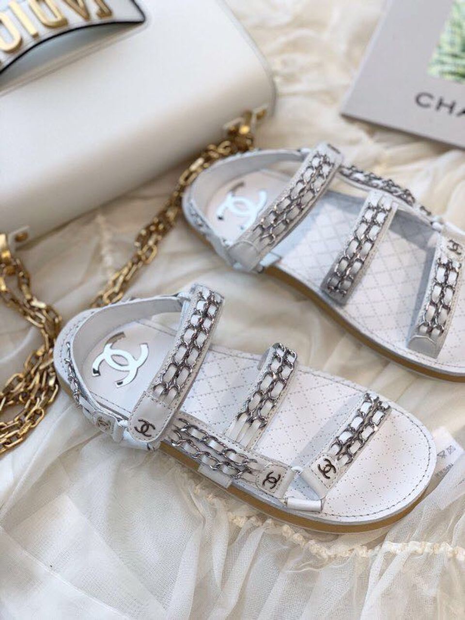 Chanel Chain Embroidered Sandals Lambskin Leather Spring/Summer Collection White