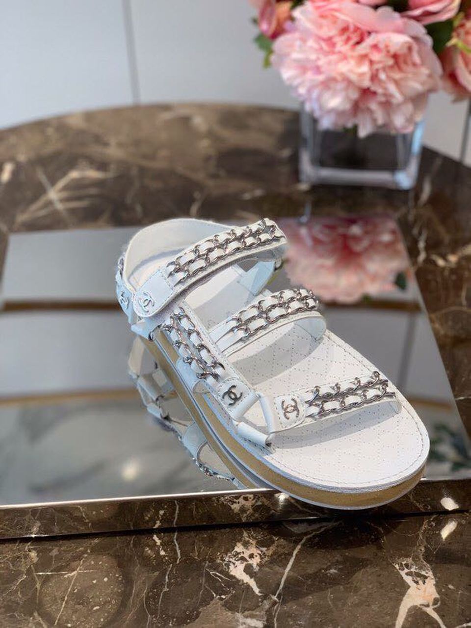 Chanel Chain Embroidered Sandals Lambskin Leather Spring/Summer Collection White