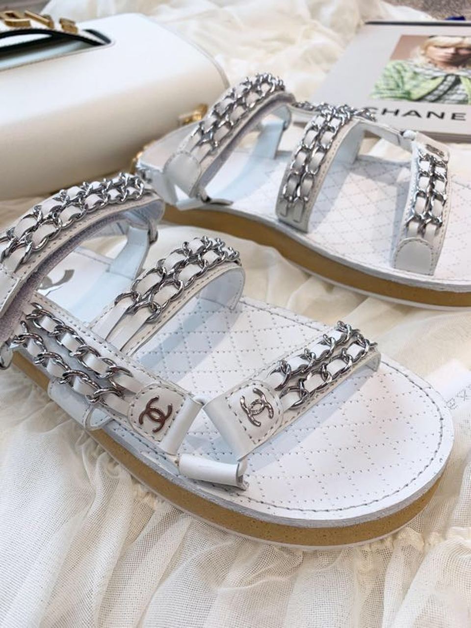 Chanel Chain Embroidered Sandals Lambskin Leather Spring/Summer Collection White