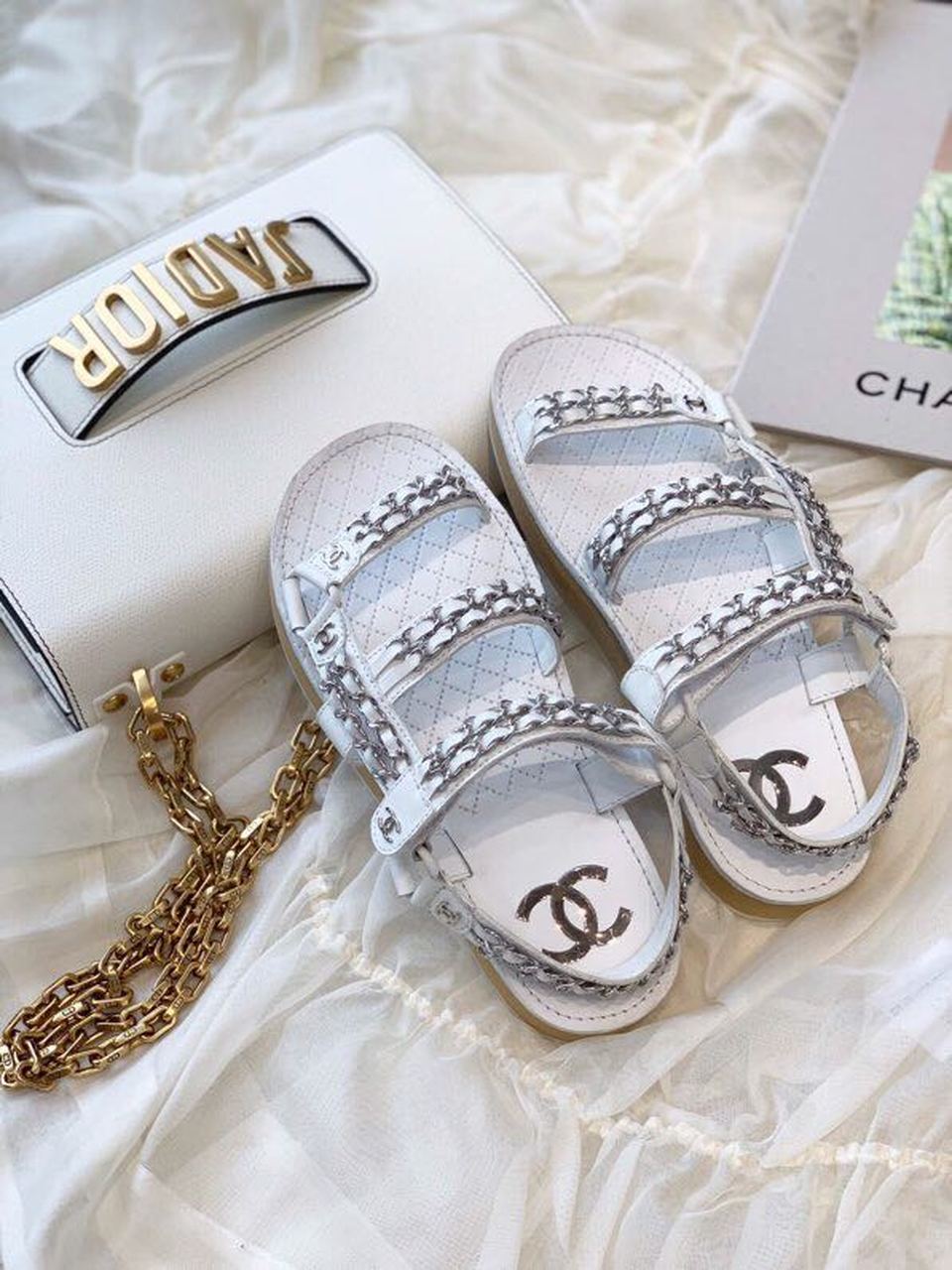 Chanel Chain Embroidered Sandals Lambskin Leather Spring/Summer Collection White