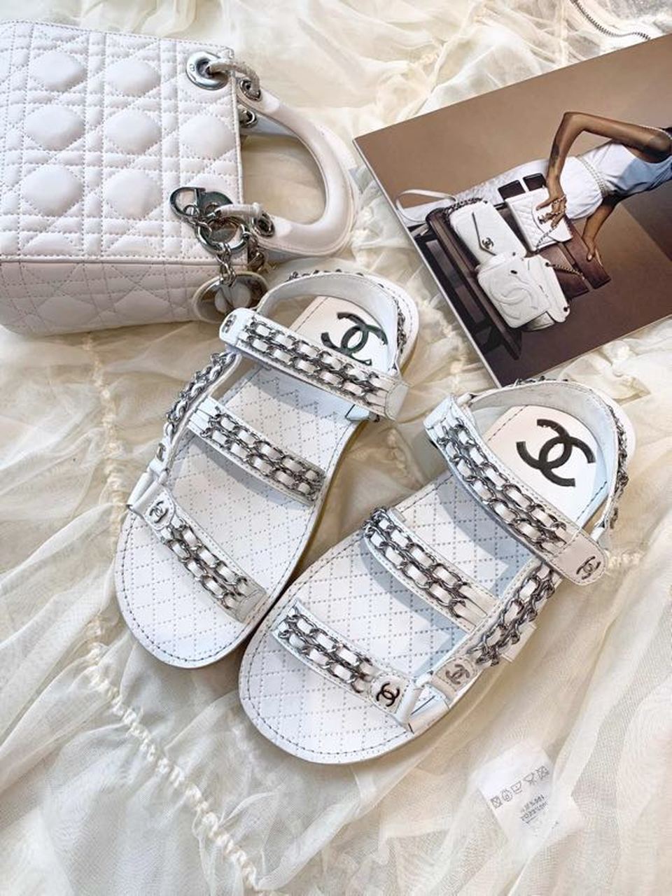 Chanel Chain Embroidered Sandals Lambskin Leather Spring/Summer Collection White