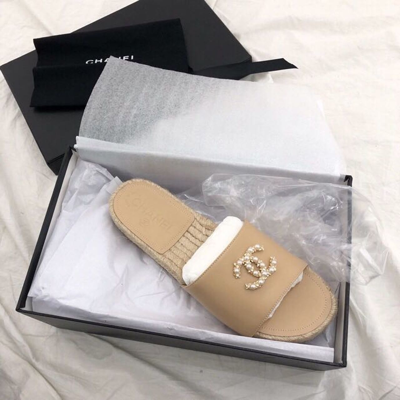 Chanel CC Jewel Logo Espadrille Mules Lambskin Leather Spring/Summer Collection Beige
