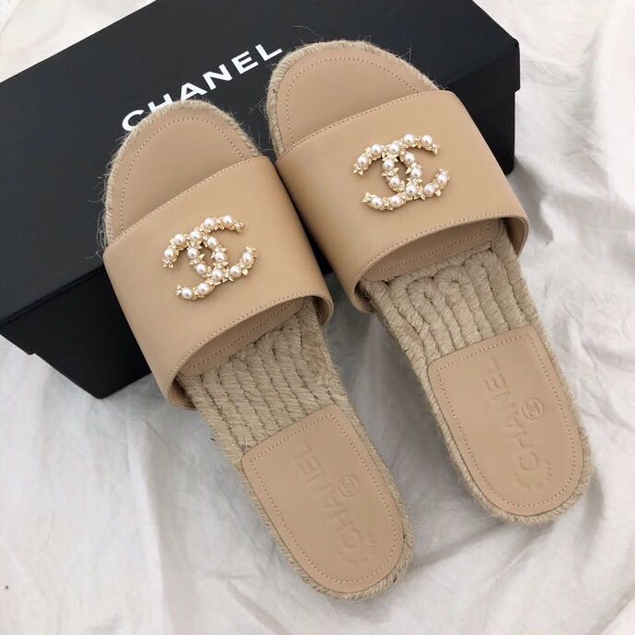 Chanel CC Jewel Logo Espadrille Mules Lambskin Leather Spring/Summer Collection Beige