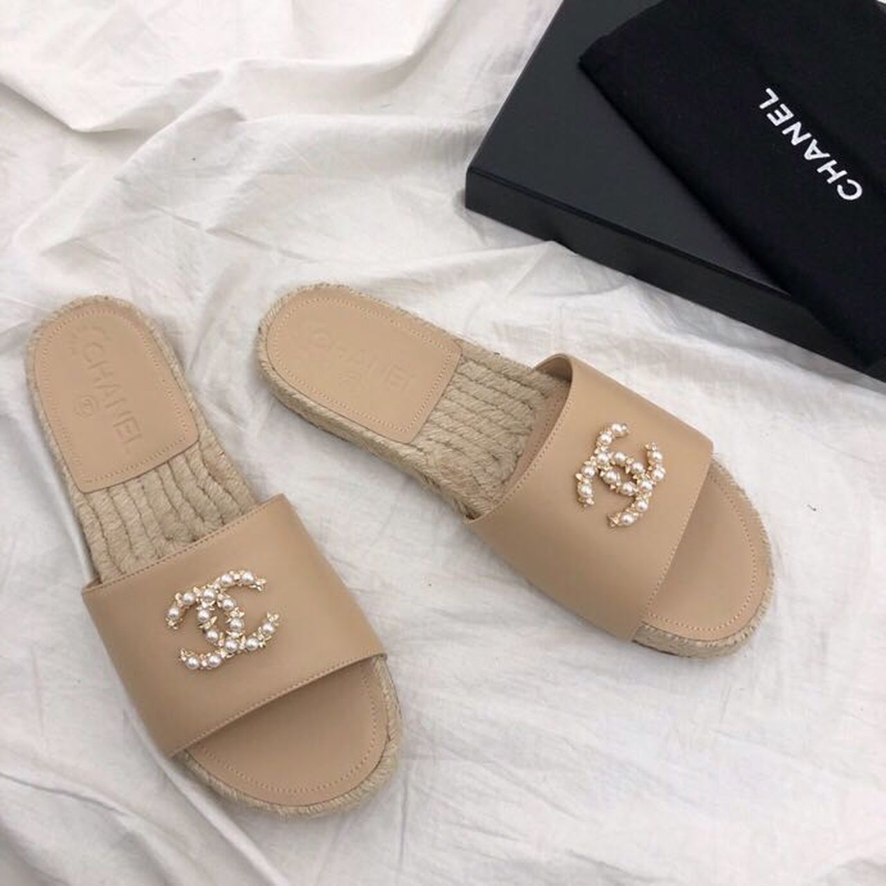 Chanel CC Jewel Logo Espadrille Mules Lambskin Leather Spring/Summer Collection Beige