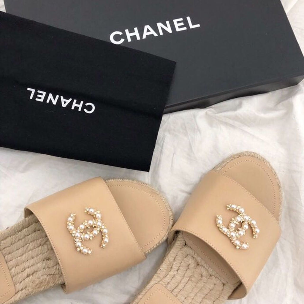 Chanel CC Jewel Logo Espadrille Mules Lambskin Leather Spring/Summer Collection Beige
