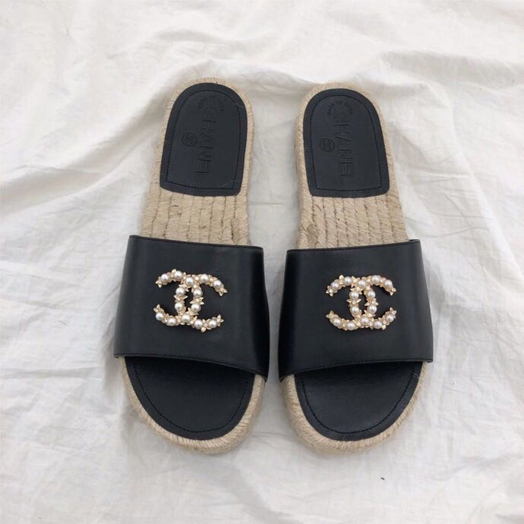 Chanel CC Jewel Logo Espadrille Mules Lambskin Leather Spring/Summer Collection Black