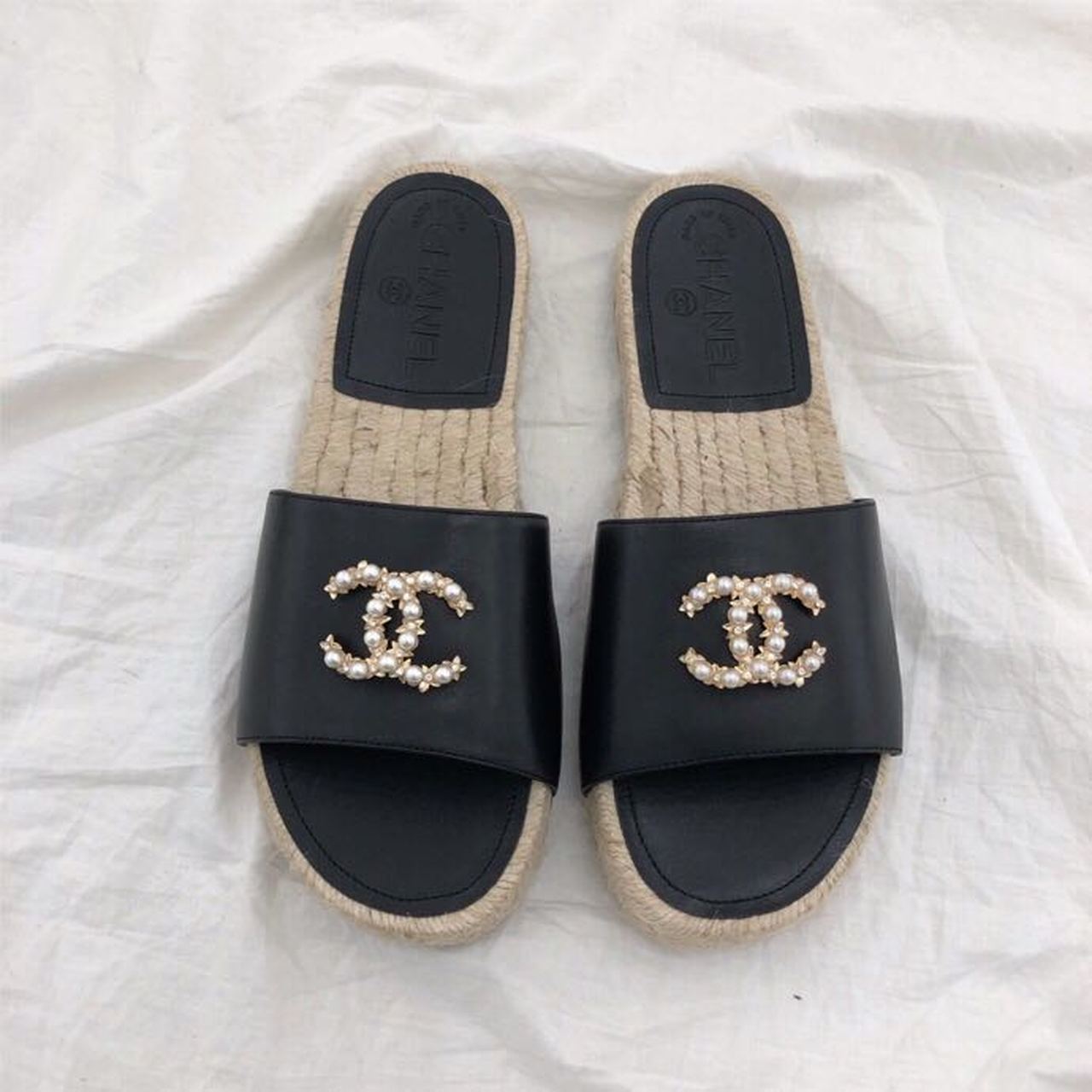 Chanel CC Jewel Logo Espadrille Mules Lambskin Leather Spring/Summer Collection Black