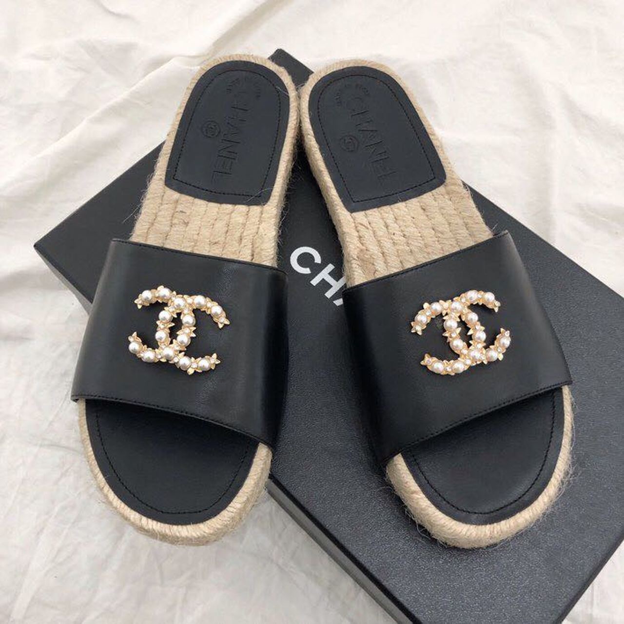 Chanel CC Jewel Logo Espadrille Mules Lambskin Leather Spring/Summer Collection Black
