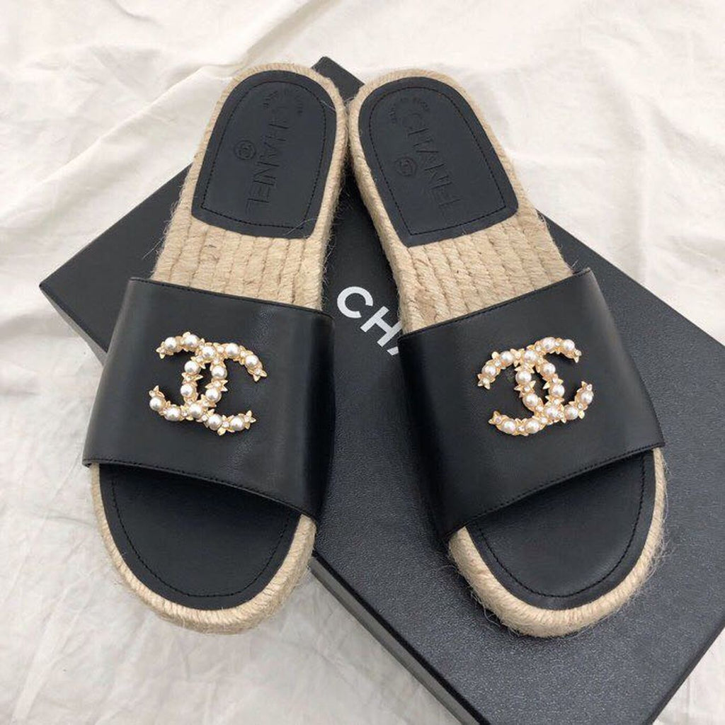Chanel CC Jewel Logo Espadrille Mules Lambskin Leather Spring/Summer Collection Black