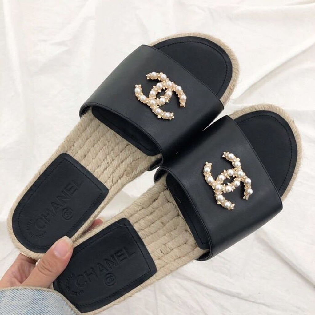 Chanel CC Jewel Logo Espadrille Mules Lambskin Leather Spring/Summer Collection Black