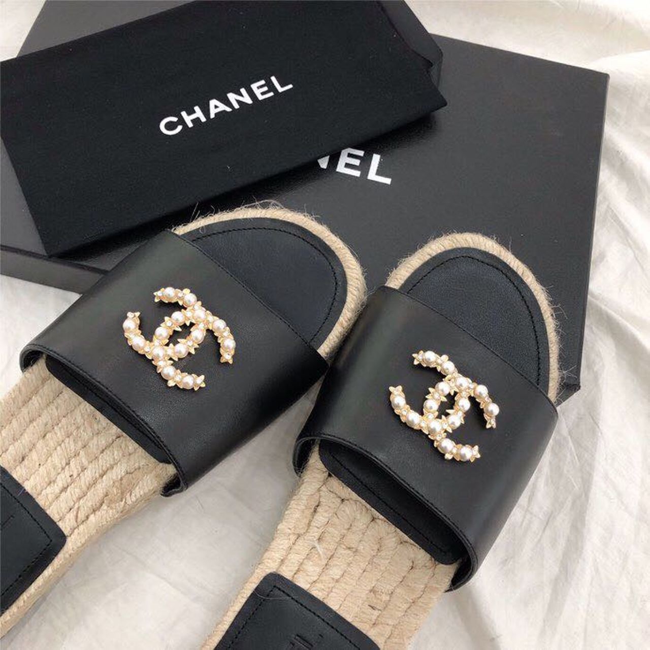Chanel CC Jewel Logo Espadrille Mules Lambskin Leather Spring/Summer Collection Black