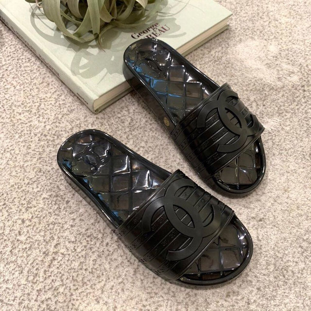 Chanel Glossy Transparent CC Logo PVC Pool Mules/Slides Spring/Summer Collection Black