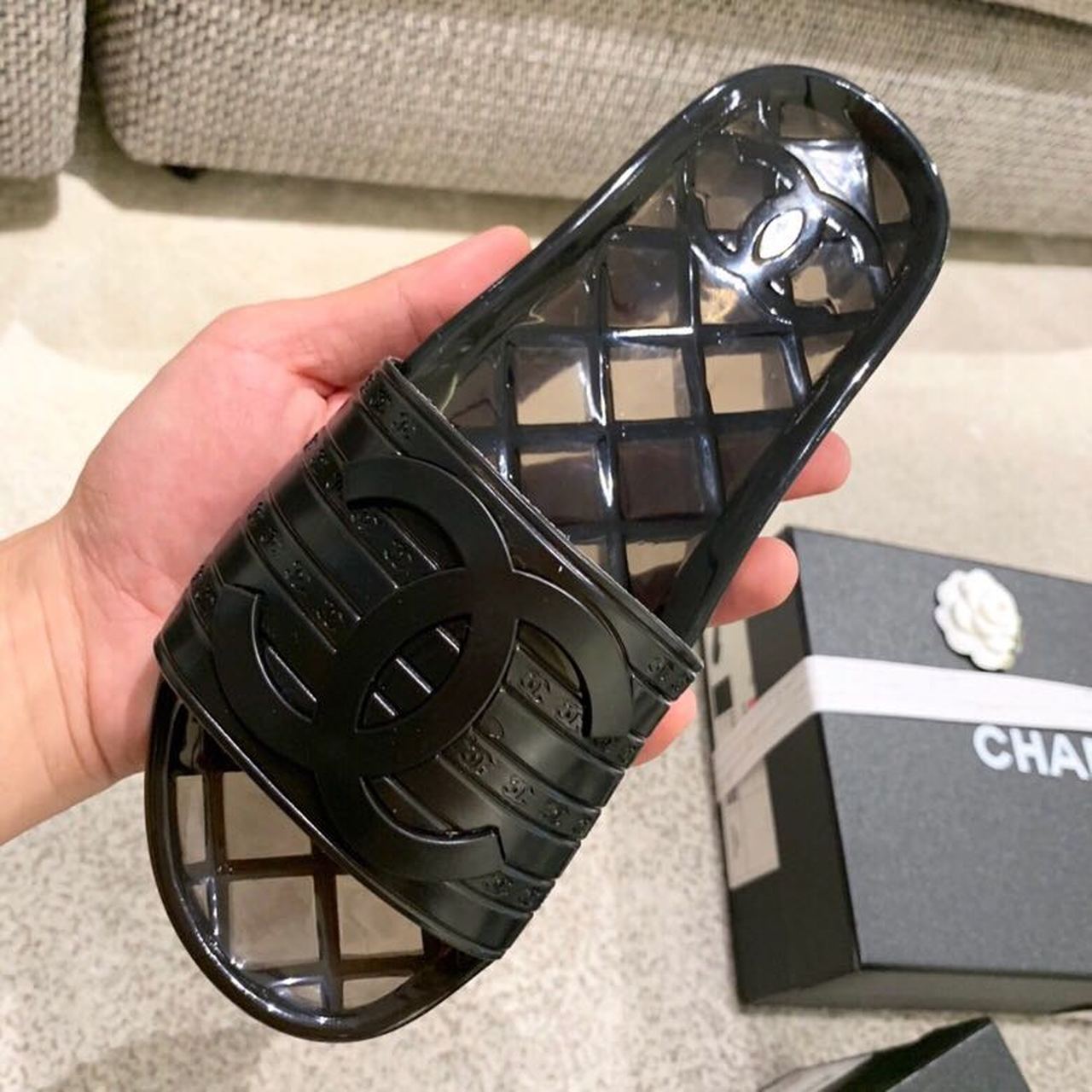 Chanel Glossy Transparent CC Logo PVC Pool Mules/Slides Spring/Summer Collection Black
