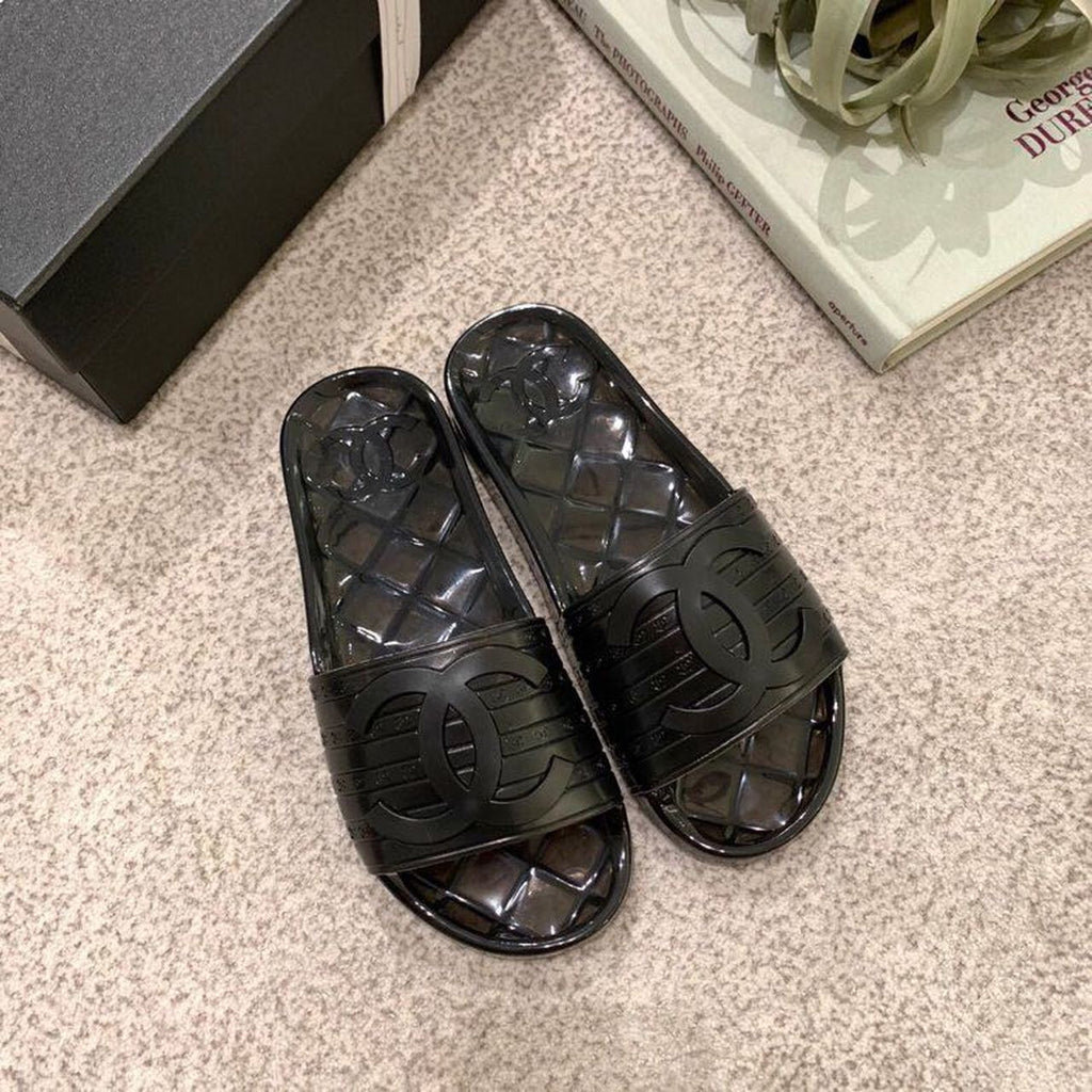 Chanel Glossy Transparent CC Logo PVC Pool Mules/Slides Spring/Summer Collection Black