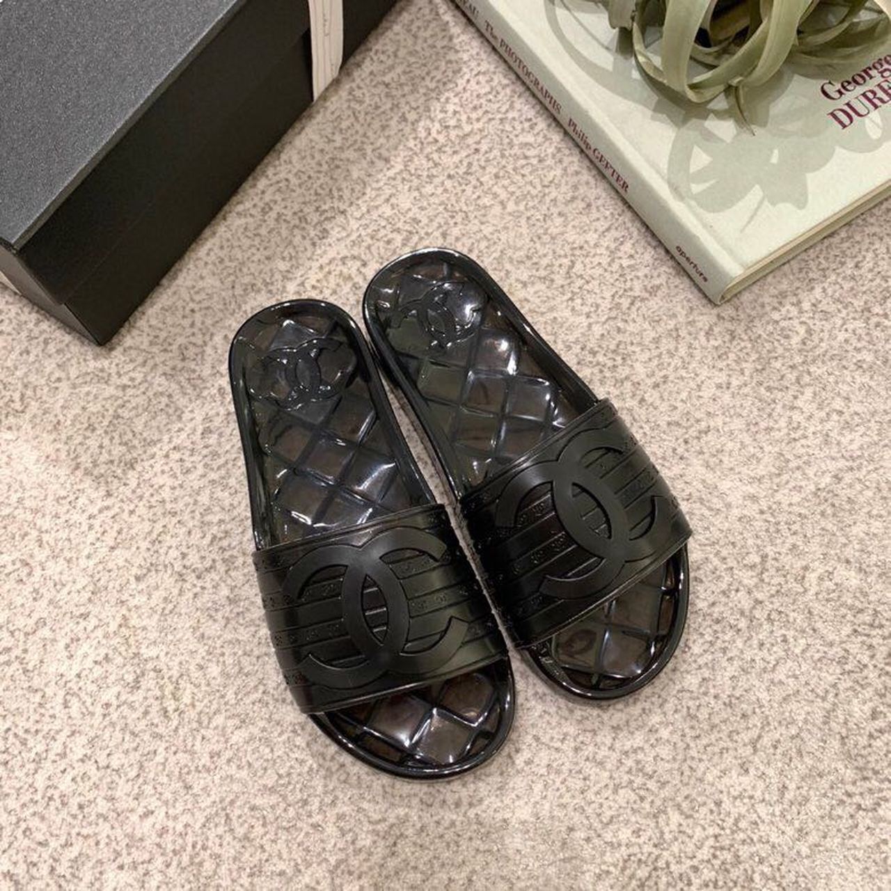 Chanel Glossy Transparent CC Logo PVC Pool Mules/Slides Spring/Summer Collection Black