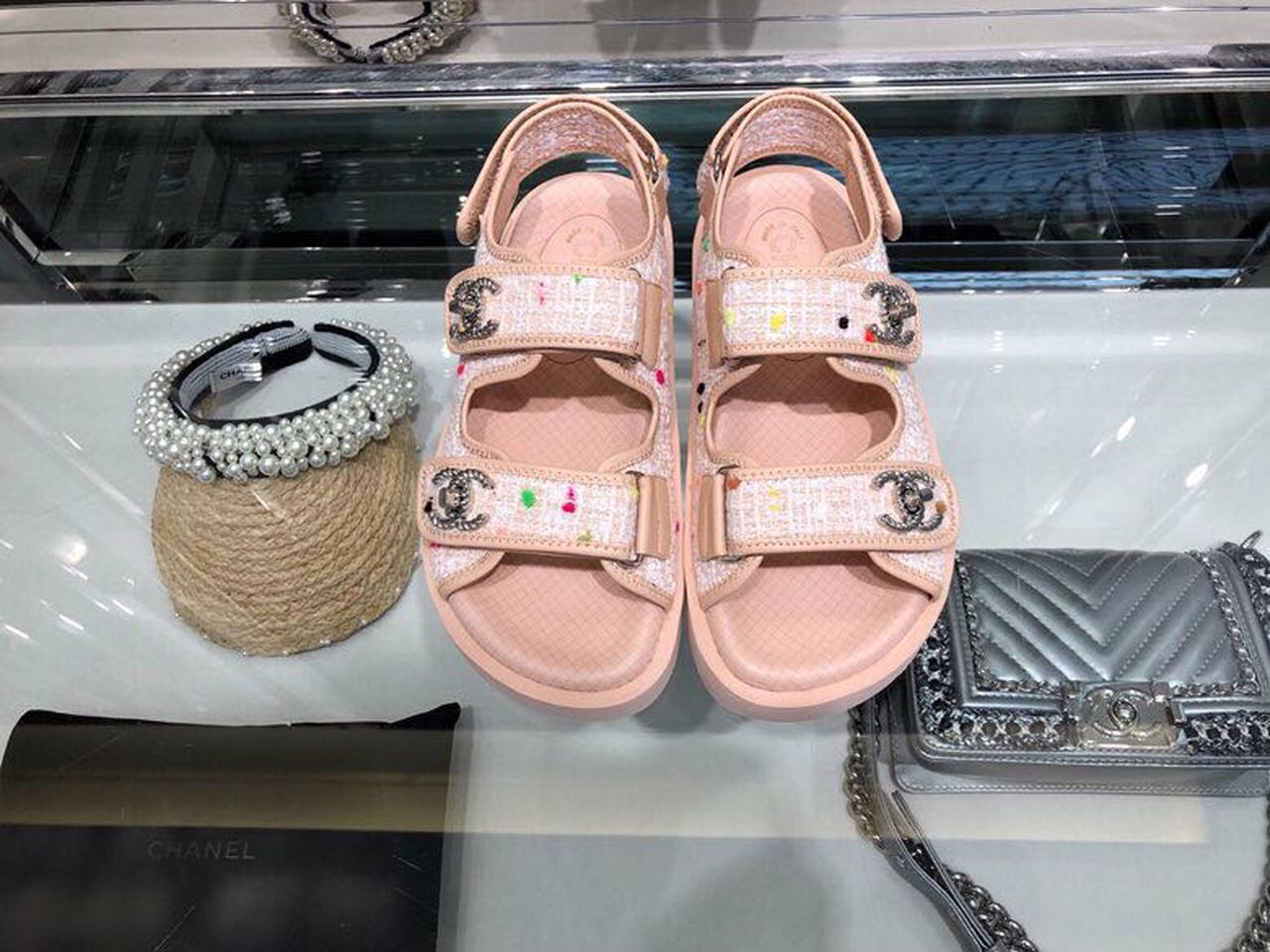 Chanel Tweed/Lambskin Rubber Sandals Calfskin Leather Spring/Summer Collection Pink