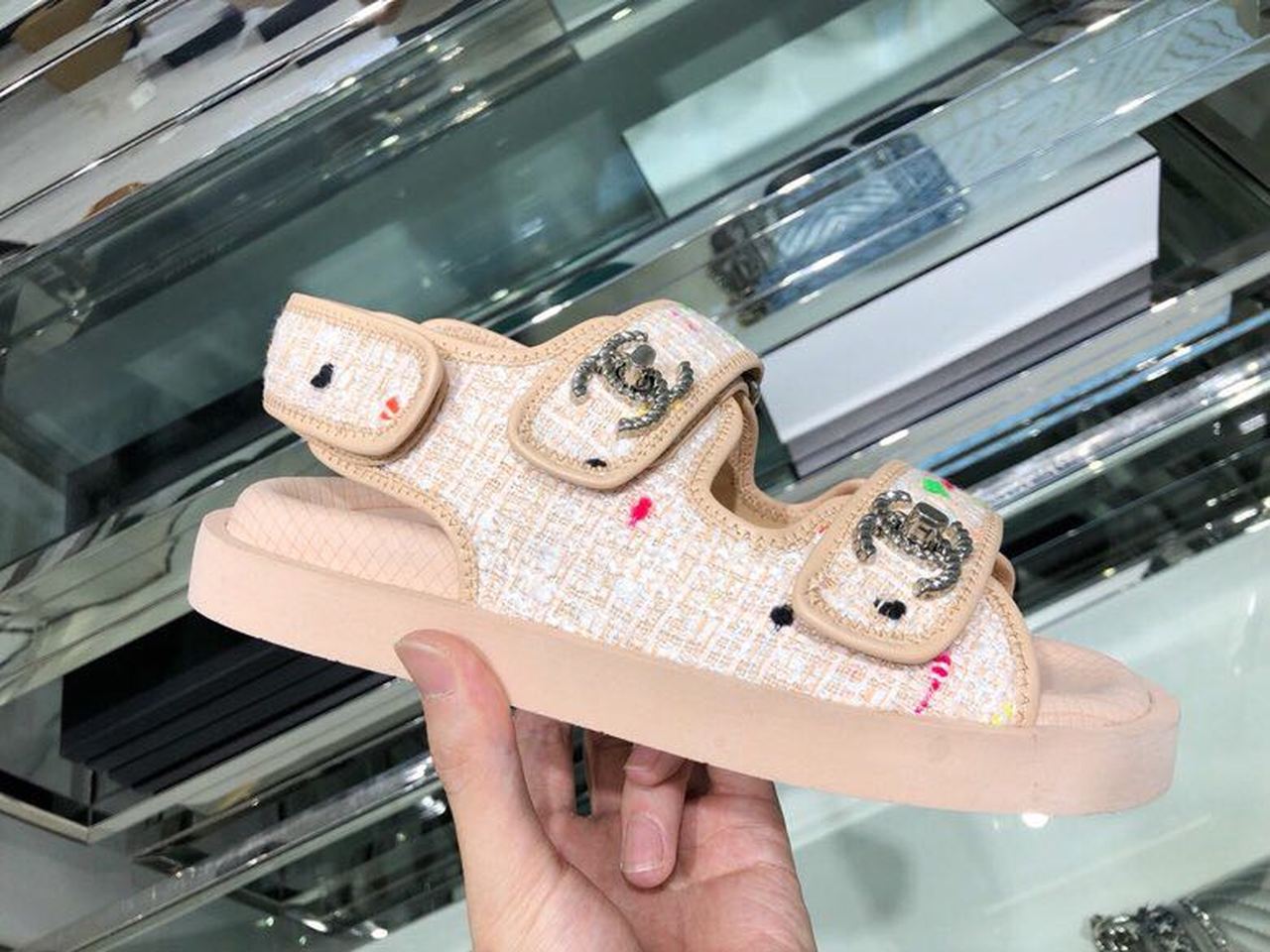 Chanel Tweed/Lambskin Rubber Sandals Calfskin Leather Spring/Summer Collection Pink