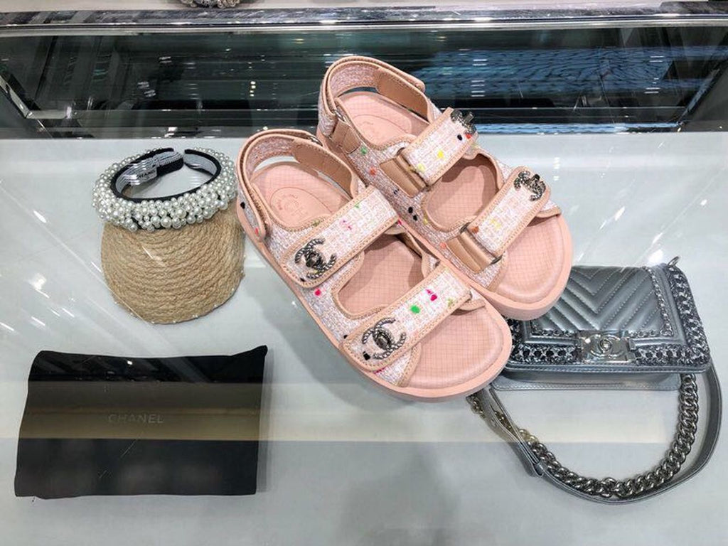Chanel Tweed/Lambskin Rubber Sandals Calfskin Leather Spring/Summer Collection Pink