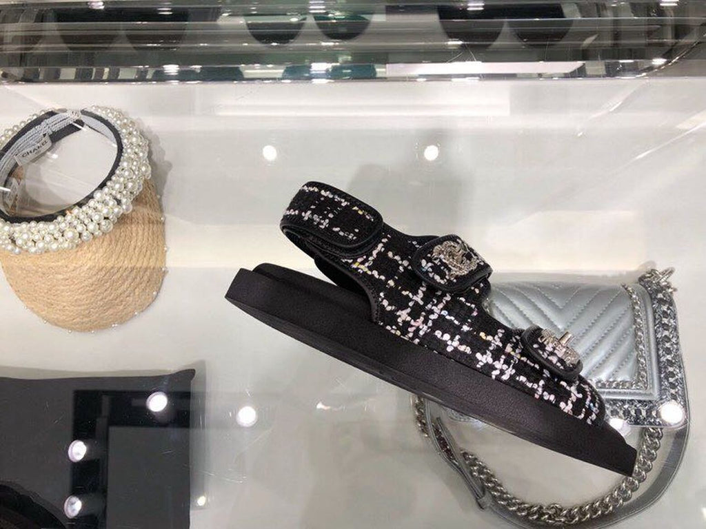 Chanel Tweed/Lambskin Rubber Sandals Calfskin Leather Spring/Summer Collection Black