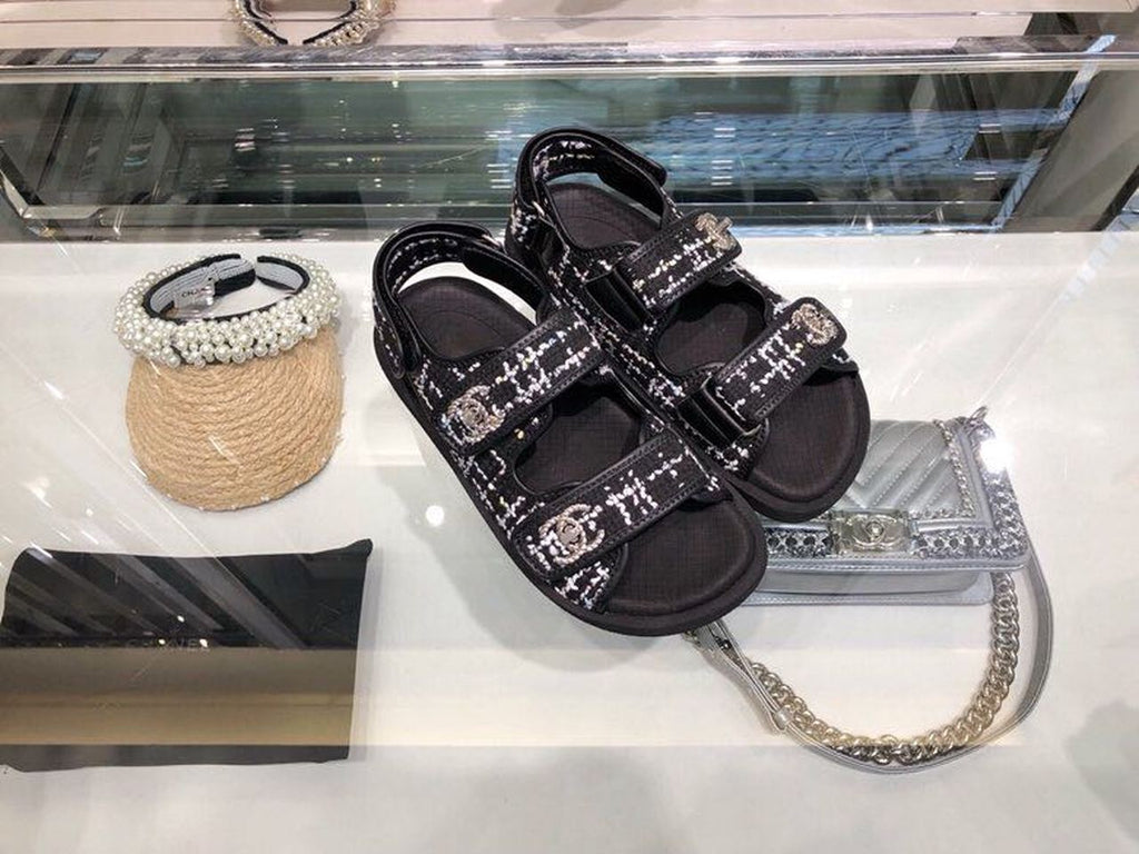 Chanel Tweed/Lambskin Rubber Sandals Calfskin Leather Spring/Summer Collection Black