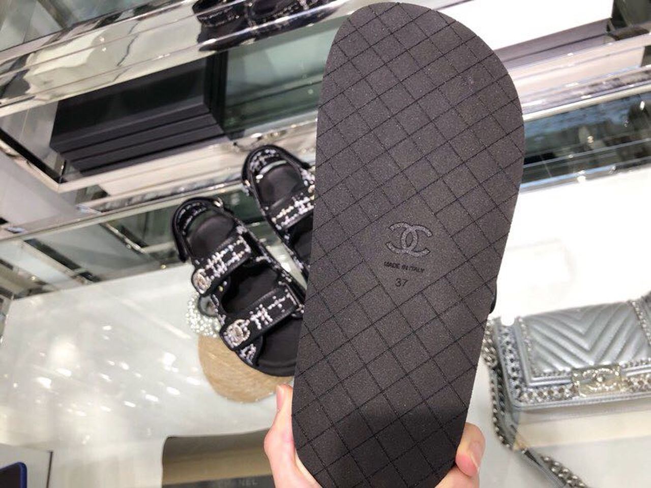 Chanel Tweed/Lambskin Rubber Sandals Calfskin Leather Spring/Summer Collection Black