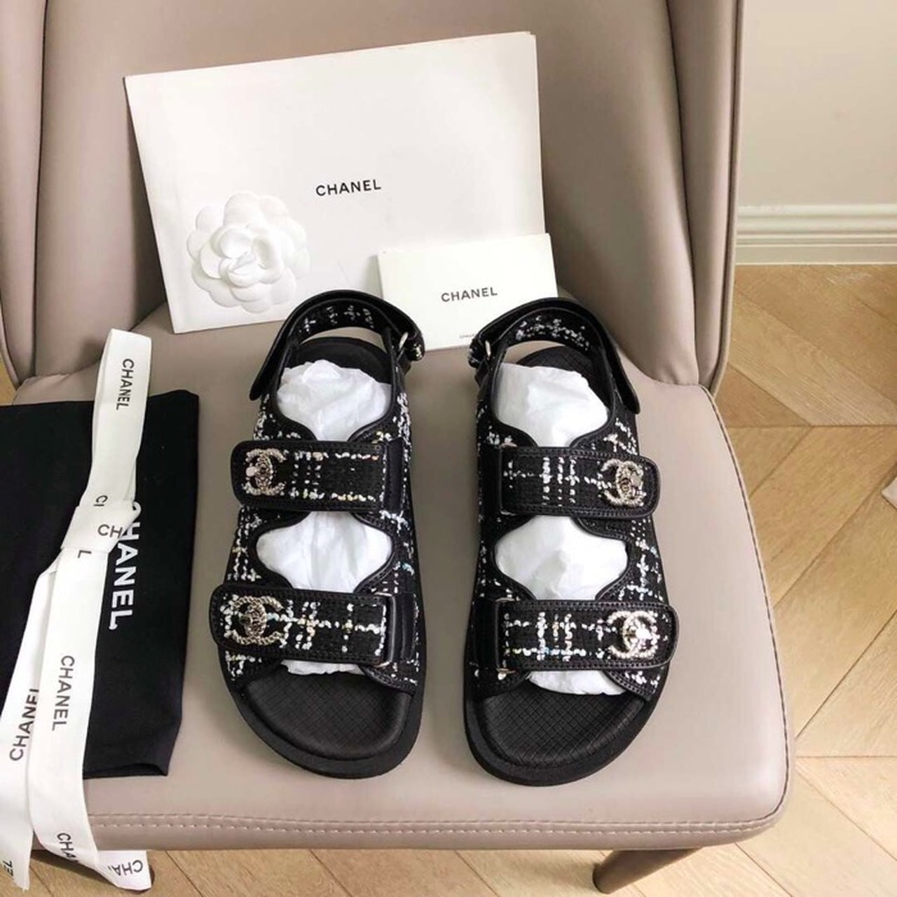 Chanel Rubber Sandals Tweed/Lambskin Leather Spring/Summer Collection Black