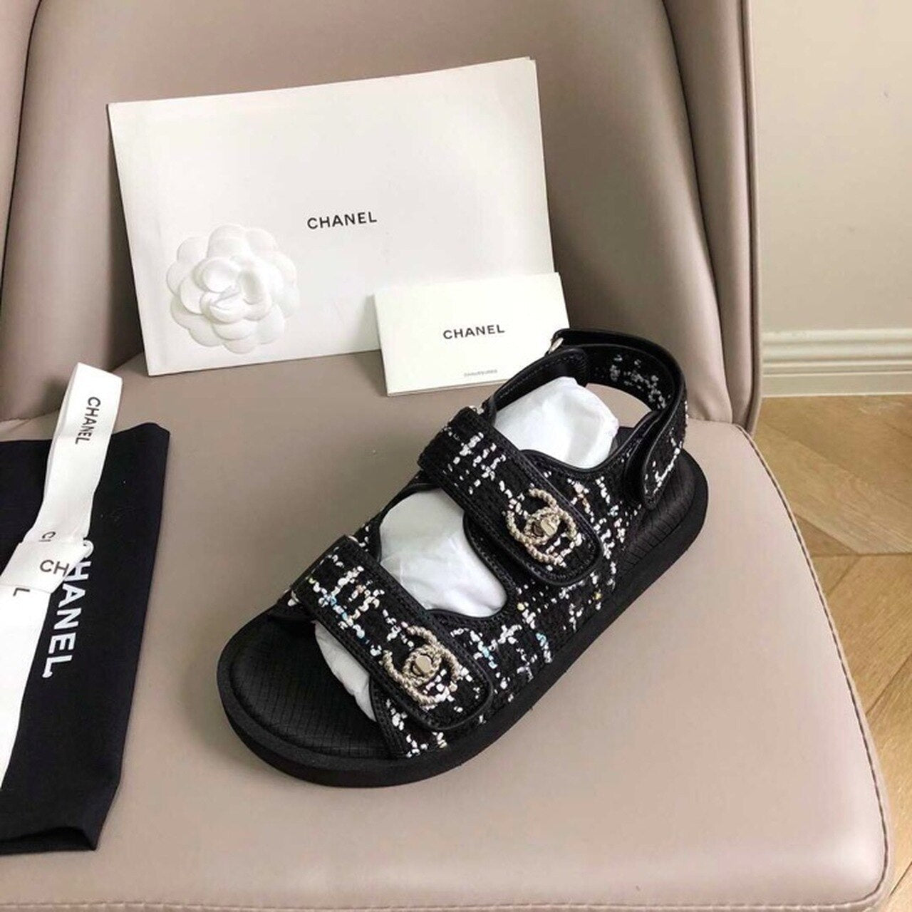 Chanel Rubber Sandals Tweed/Lambskin Leather Spring/Summer Collection Black