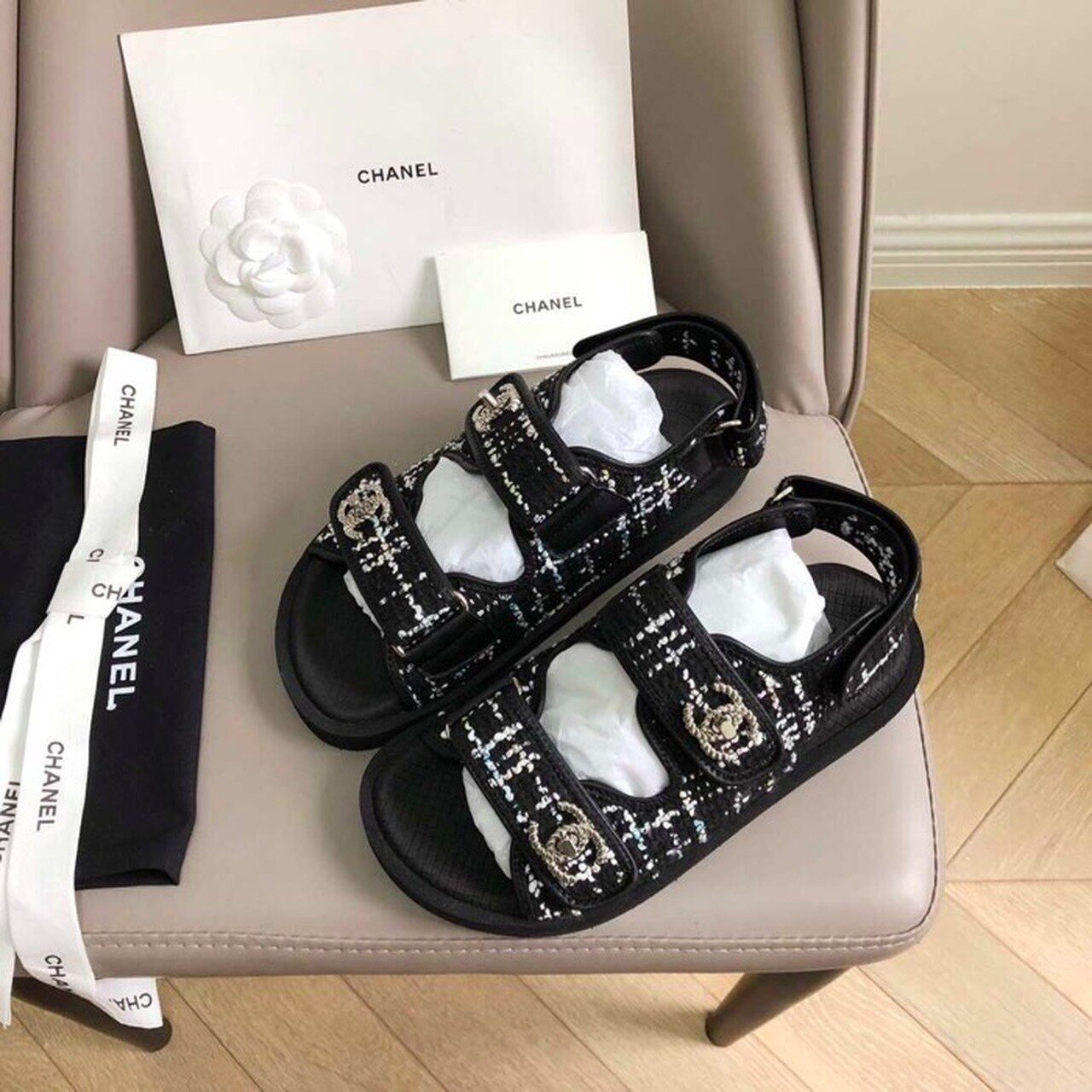 Chanel Rubber Sandals Tweed/Lambskin Leather Spring/Summer Collection Black