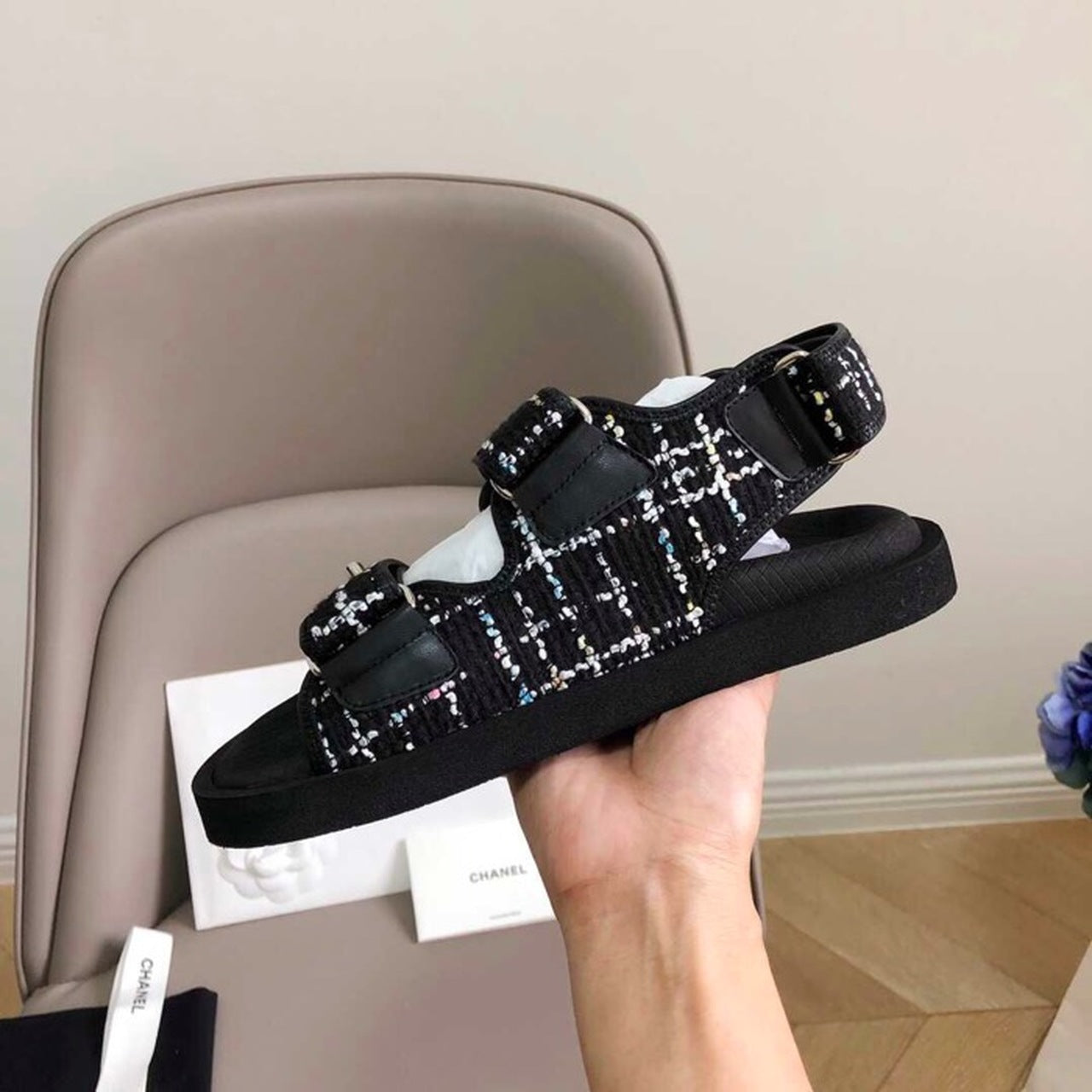 Chanel Rubber Sandals Tweed/Lambskin Leather Spring/Summer Collection Black