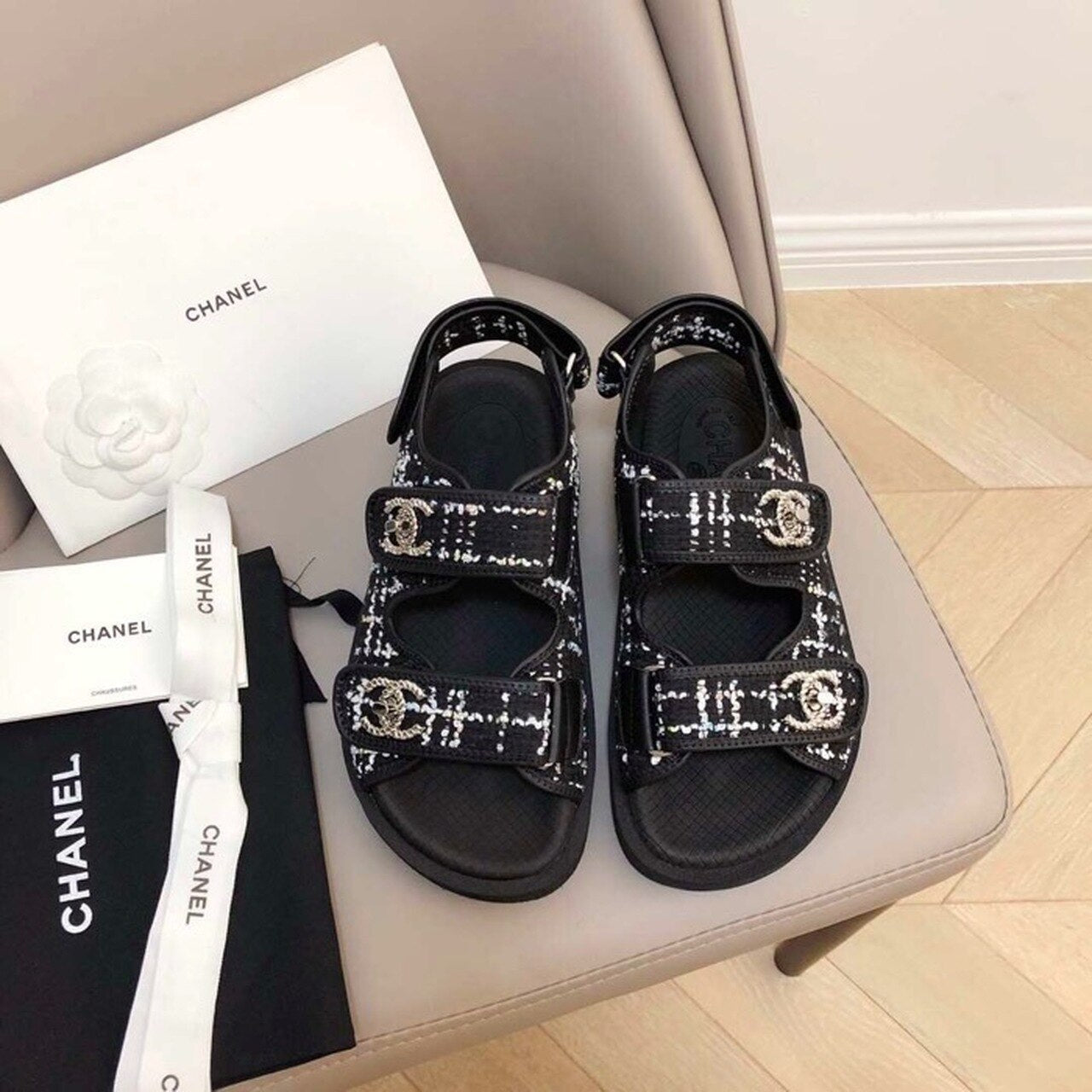 Chanel Rubber Sandals Tweed/Lambskin Leather Spring/Summer Collection Black
