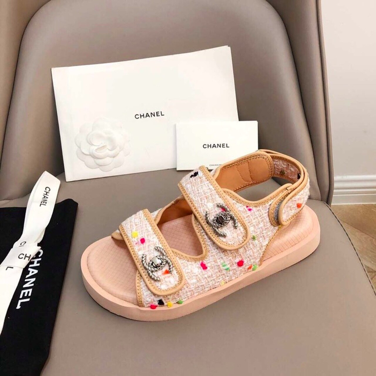 Chanel Rubber Sandals Tweed/Lambskin Leather Spring/Summer Collection Pink