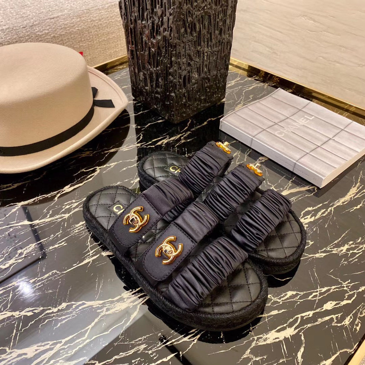 Chanel Ruched Mule Sandals Calfskin Leather Spring/Summer Collection Black