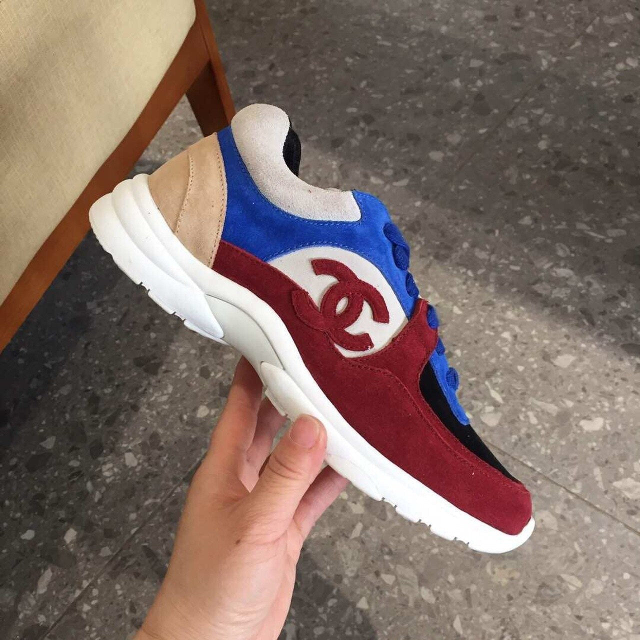 Chanel Nylon Trainer Sneakers Suede & Lambskin Leather Spring/Summer Collection Burgundy/Navy Blue/Beige