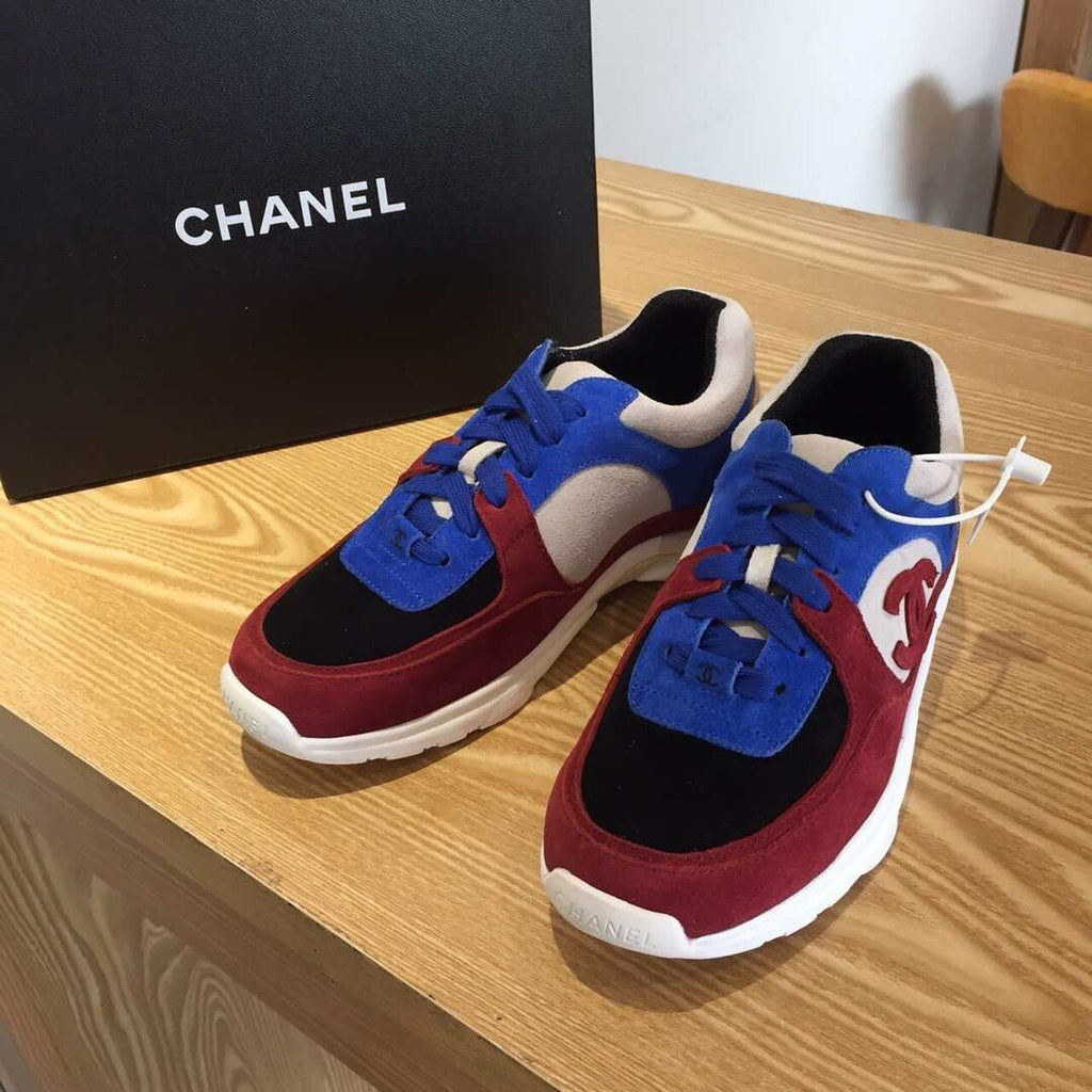 Chanel Nylon Trainer Sneakers Suede & Lambskin Leather Spring/Summer Collection Burgundy/Navy Blue/Beige