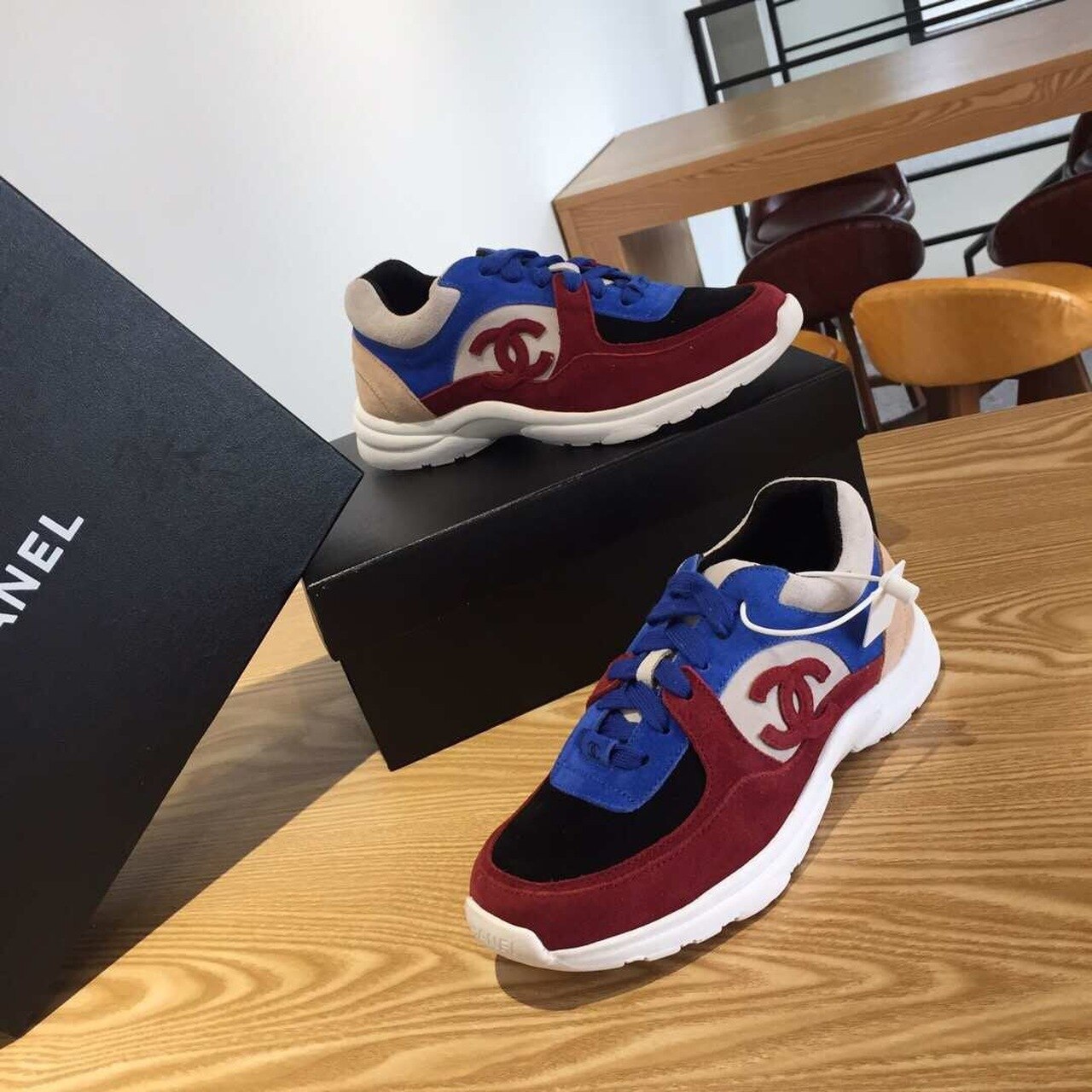 Chanel Nylon Trainer Sneakers Suede & Lambskin Leather Spring/Summer Collection Burgundy/Navy Blue/Beige
