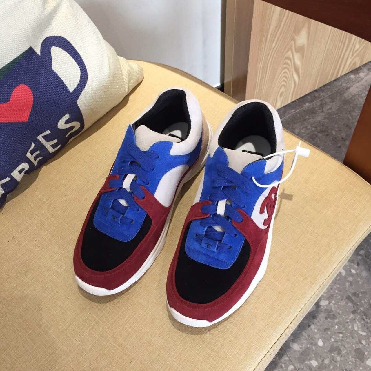 Chanel Nylon Trainer Sneakers Suede & Lambskin Leather Spring/Summer Collection Burgundy/Navy Blue/Beige