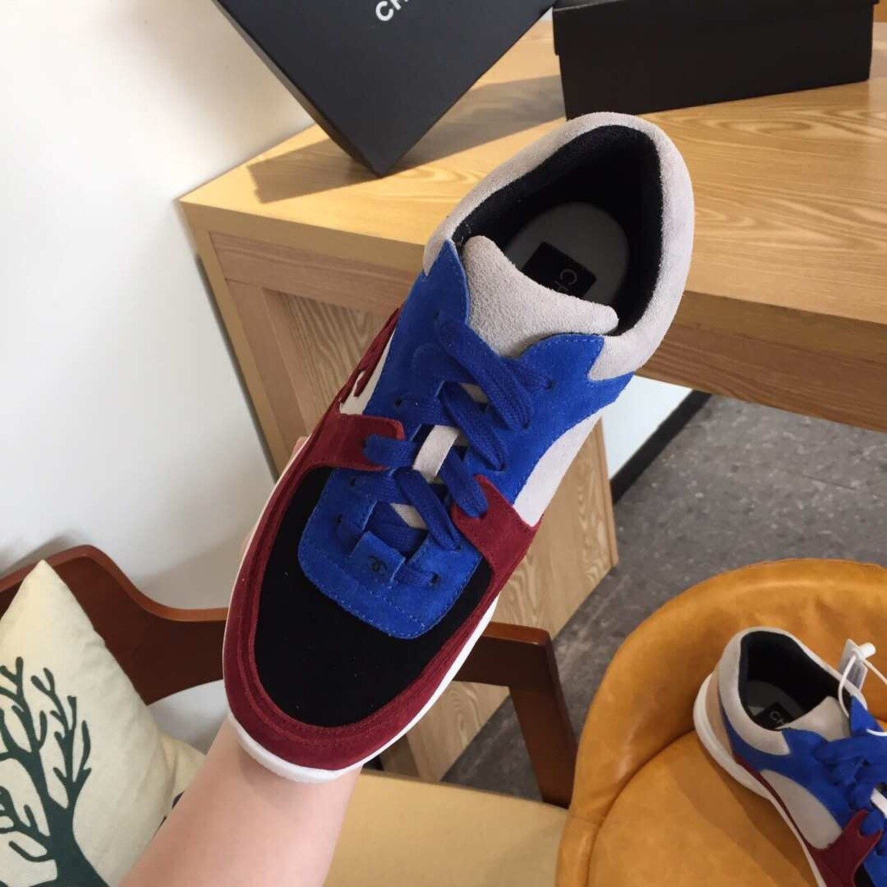 Chanel Nylon Trainer Sneakers Suede & Lambskin Leather Spring/Summer Collection Burgundy/Navy Blue/Beige