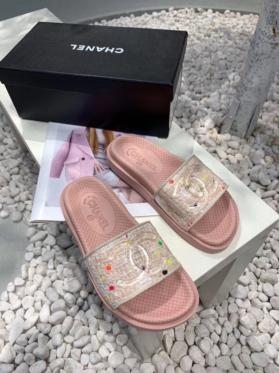 Chanel Pool Slide Sandals Rubber/Tweed Spring/Summer Collection Pink