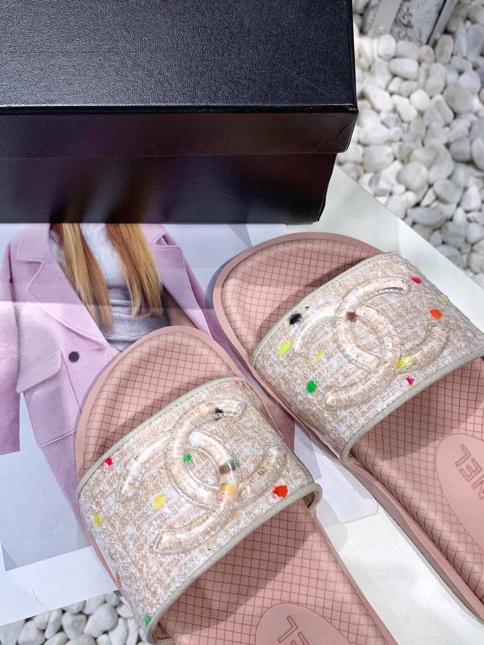 Chanel Pool Slide Sandals Rubber/Tweed Spring/Summer Collection Pink
