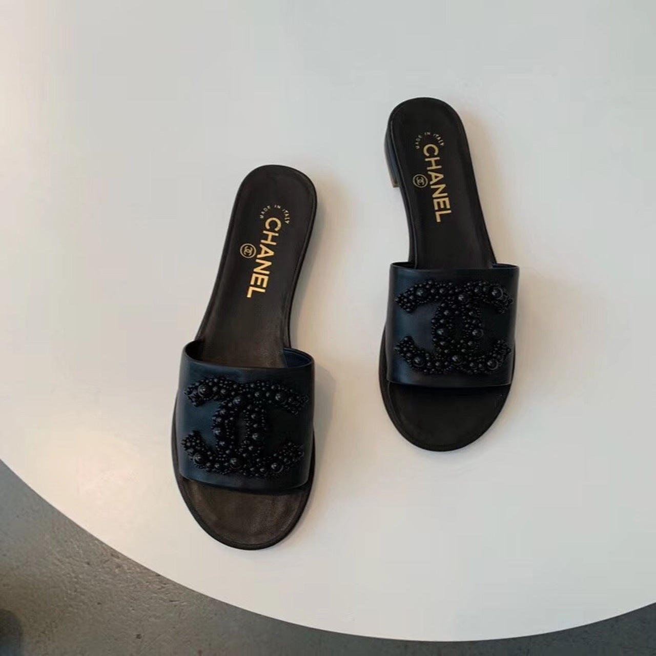 Chanel Pearl Embroidered Sandals Lambskin Leather Spring/Summer Collection Black
