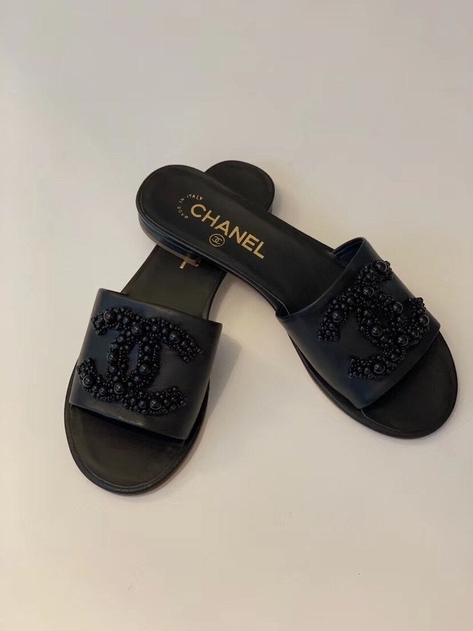 Chanel Pearl Embroidered Sandals Lambskin Leather Spring/Summer Collection Black