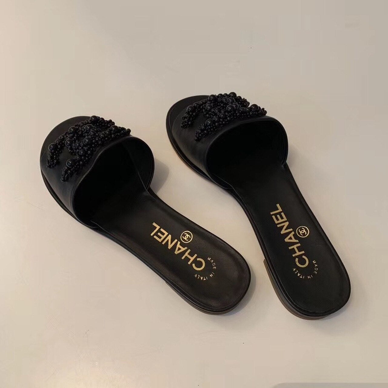Chanel Pearl Embroidered Sandals Lambskin Leather Spring/Summer Collection Black