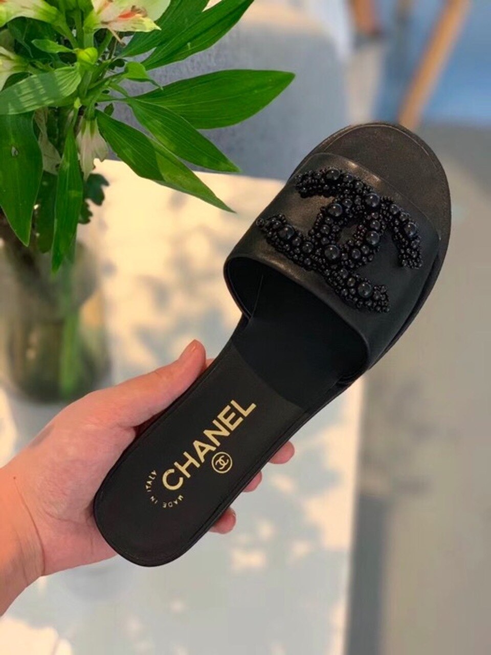 Chanel Pearl Embroidered Sandals Lambskin Leather Spring/Summer Collection Black